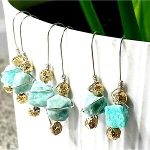 Raw Amazonite Gemstone Dangle Drop, Boho Bohemian Artisan Statement